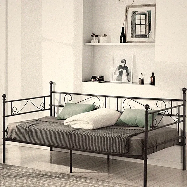 Tagesbett, Metallbett, Schlafsofa, Gästebett, 90x190 cm, Schwarz, robust