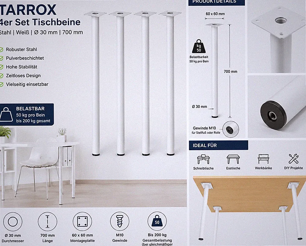 Tarrox 4er Set Tischbeine Ø30 mm 700 mm Weiß – Stahl Möbelfüße mit M10 Gewinde