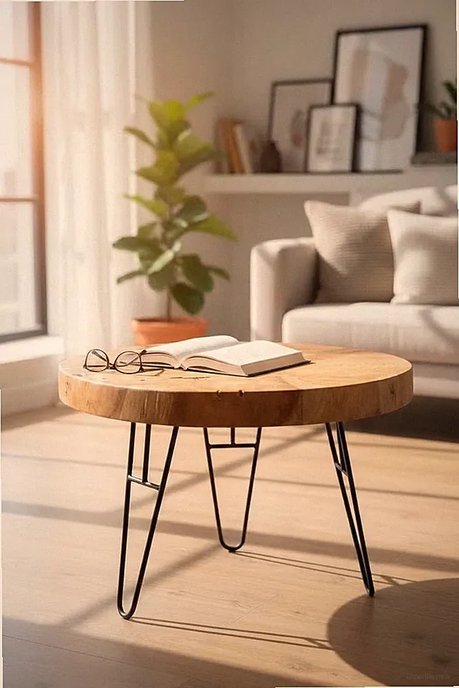 Teakholz Couchtisch Rund Ø60 cm Metall Hairpin Beine Beistelltisch