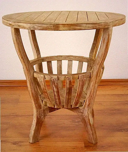 Teakholztisch,rund,Beistelltisch mit Zeitungskorb,Sofatisch,natur
