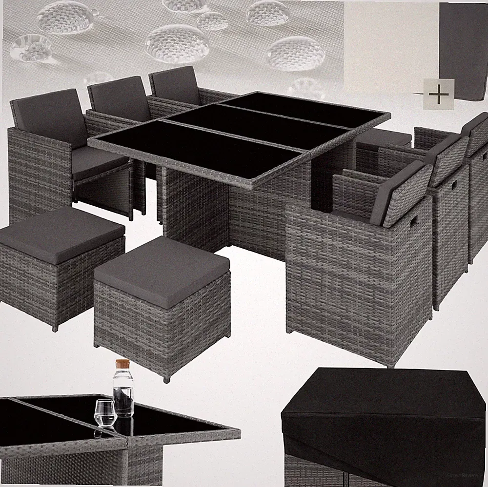 Tectake® Polyrattan Gartenmöbel Set, Sitzgruppe Mit 6 Stühle + 1 Glasplatte Tisc