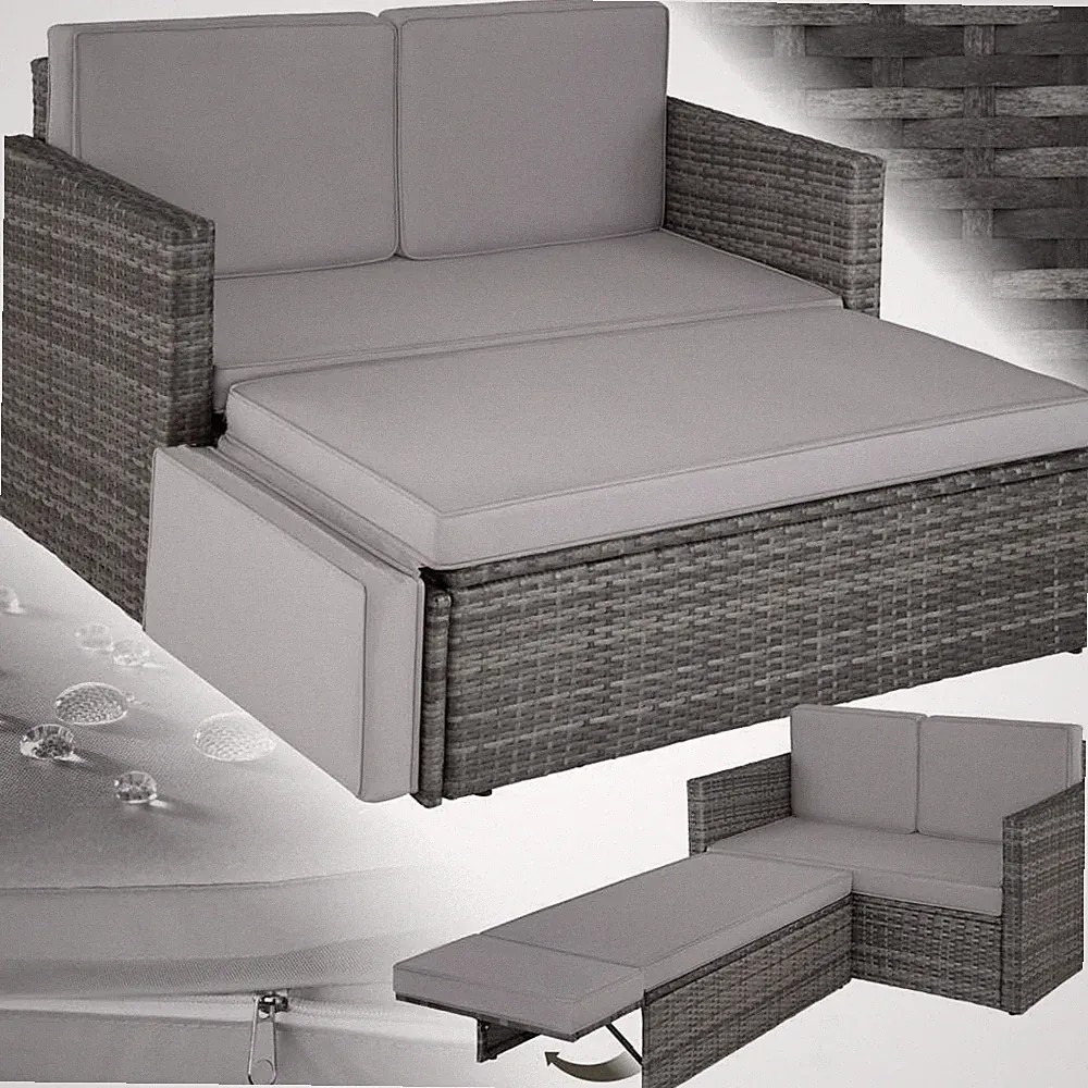 Tectake Sofa Set - 2 Sitzer Sessel Mit Hocker Und Schlaffunktion, Kleine Rattan