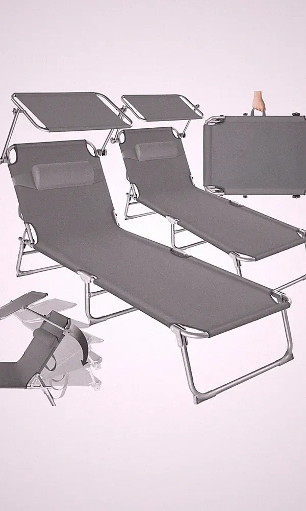 tectake Sonnenliege 2er-Set klappbar mit Sonnendach, Kissen, grau 110 kg