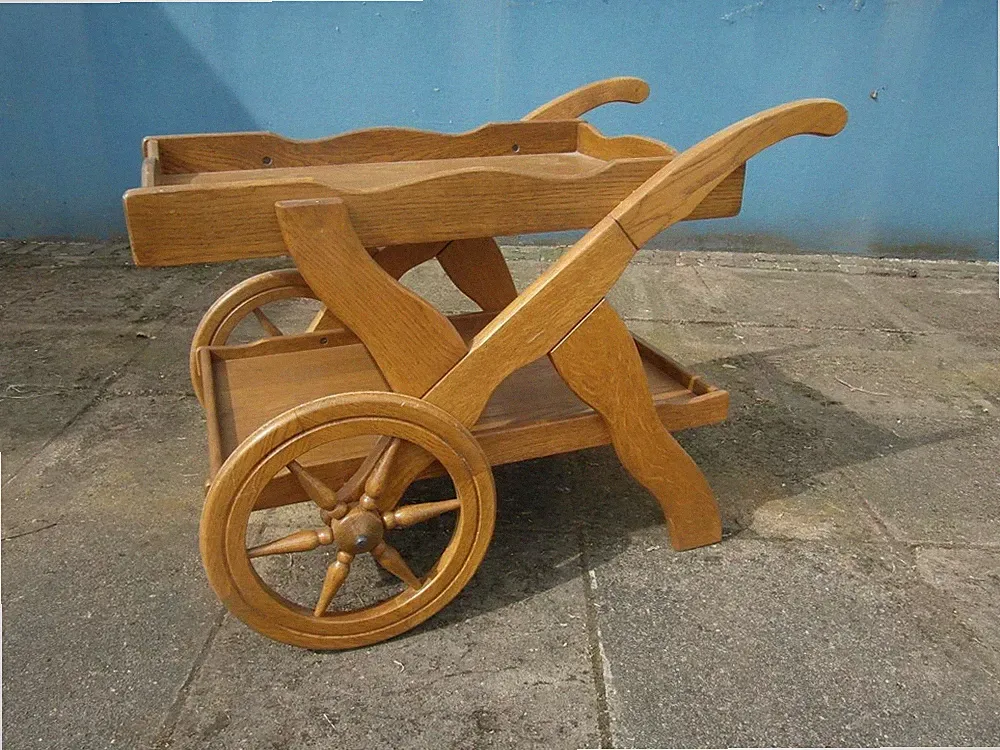 Teewagen Servierwagen 1960/70 Eiche Speichenräder Solide Beistelltisch Gebraucht