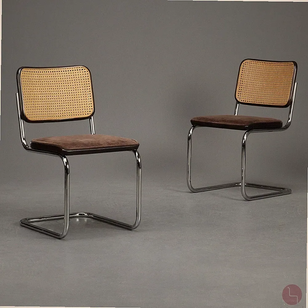 Thonet S32 P Freischwinger Stoff Braun Bauhaus Stuhl mit Wiener Gefecht 1 v 2