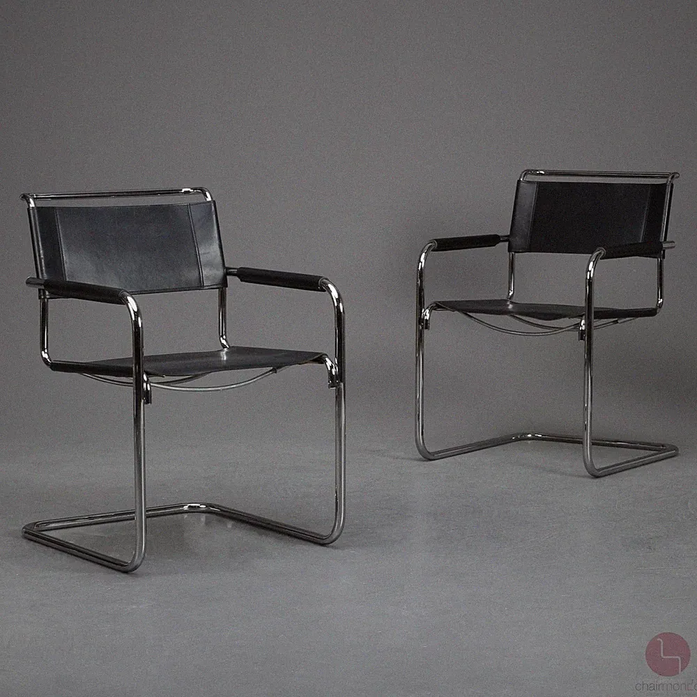 Thonet S34 Freischwinger Bauhaus Stuhl Leder Schwarz verchromt Vintage 1 von 2