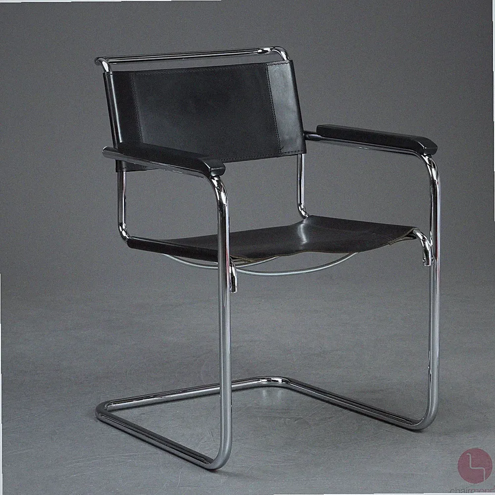 Thonet S34 Freischwinger Bauhaus Stuhl Leder Schwarz verchromt Vintage