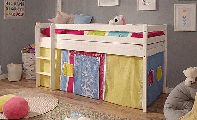 TiCAA Hochbett Kiefer Weiß Vorhang "Bunt" NEU