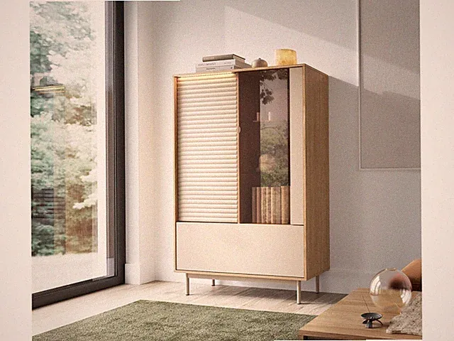 TILA TI1 Vitrine – Riffel-Front, Push-to-Open, Metallfüße, Vitrinenschrank, Led