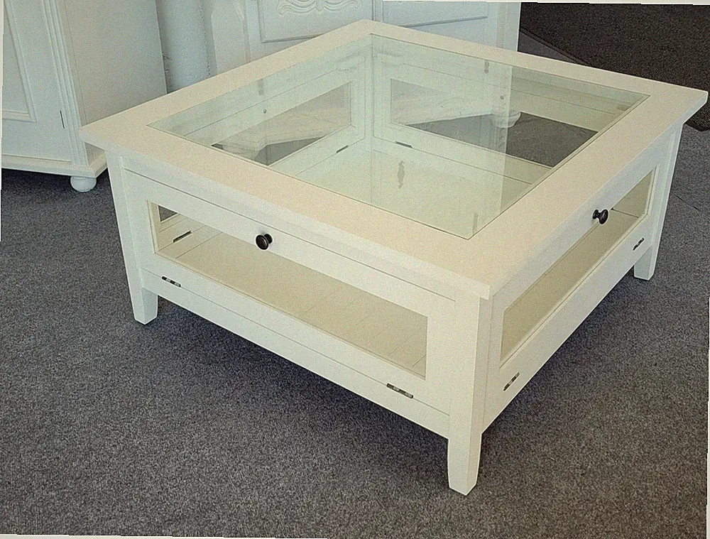 Tisch Couchtisch Wohnzimmertisch Vitrinentisch weiß Landhaus Glas 4 Türen