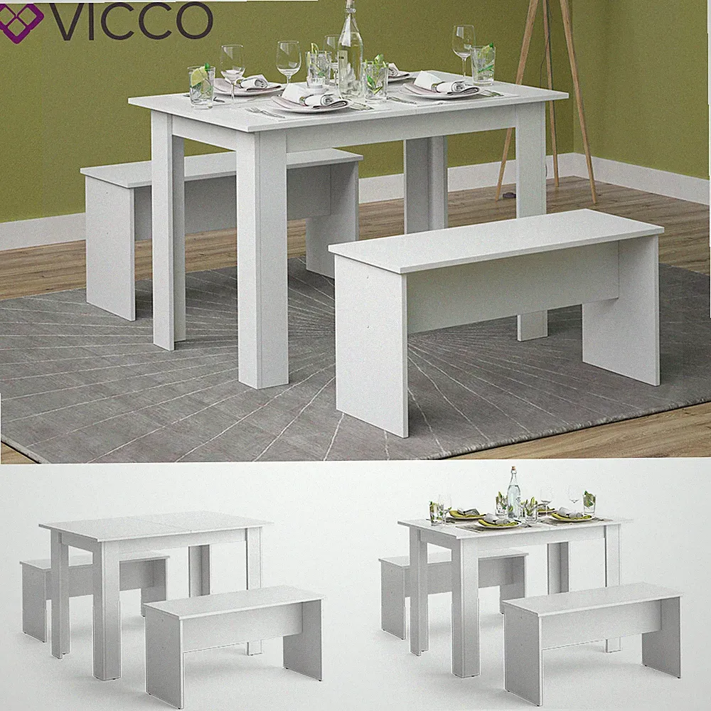 Tischgruppe Sitzgruppe Esszimmer Sentio Esstisch Sitzbank Weiß 110 cm Vicco