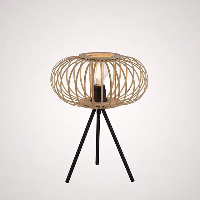 Tischleuchte Metall Holz H: 41cm Dreibein Schwarz Natur E27 Beistell Tisch Lampe