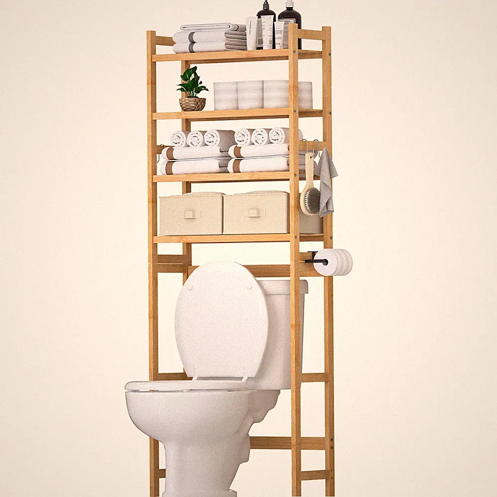Toilettenregal mit 2 Körben, Bambus WC Regal, Badezimmerregal Badregal Bambus