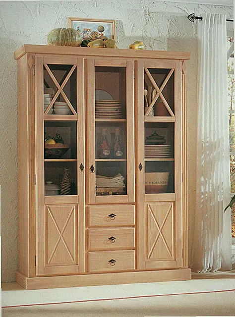 Toskana Vitrine 3-türig Pinie Massiv, Massivholz Standvitrine Glasvitrine Buffet