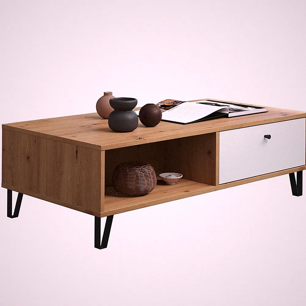 Touch Couchtisch Artisan Eiche/Weiß Sofatisch mit 2 offenen Fächern und 2...