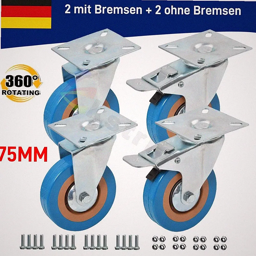 Transportrollen 75 mm Lenkrollen 4er Set Schwerlastrollen Möbelrollen PVC Rollen