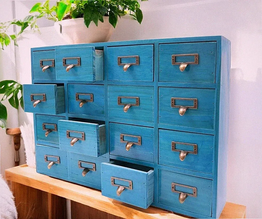 TRAUMHAFTE Echt-Holz Kommode Apothekerschrank Vintage Türkis Schubladen 51x35cm