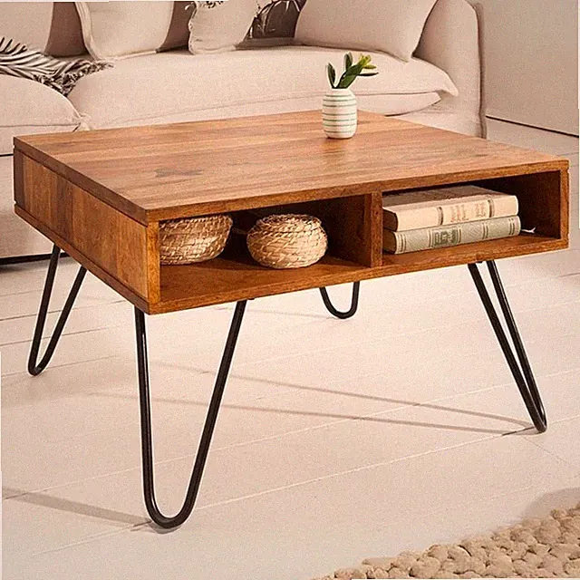Trendiger Couchtisch mit Ablagefächern.60cm natur ALINA Sheeshamholz Metallbeine