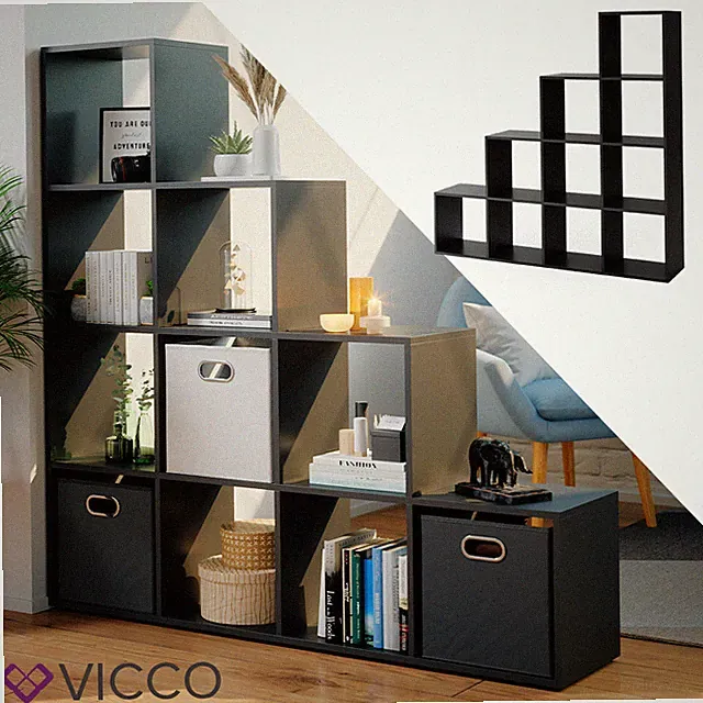Treppenregal Raumteiler Stufenregal Bücherregal 10 Fächer Schwarz Vicco