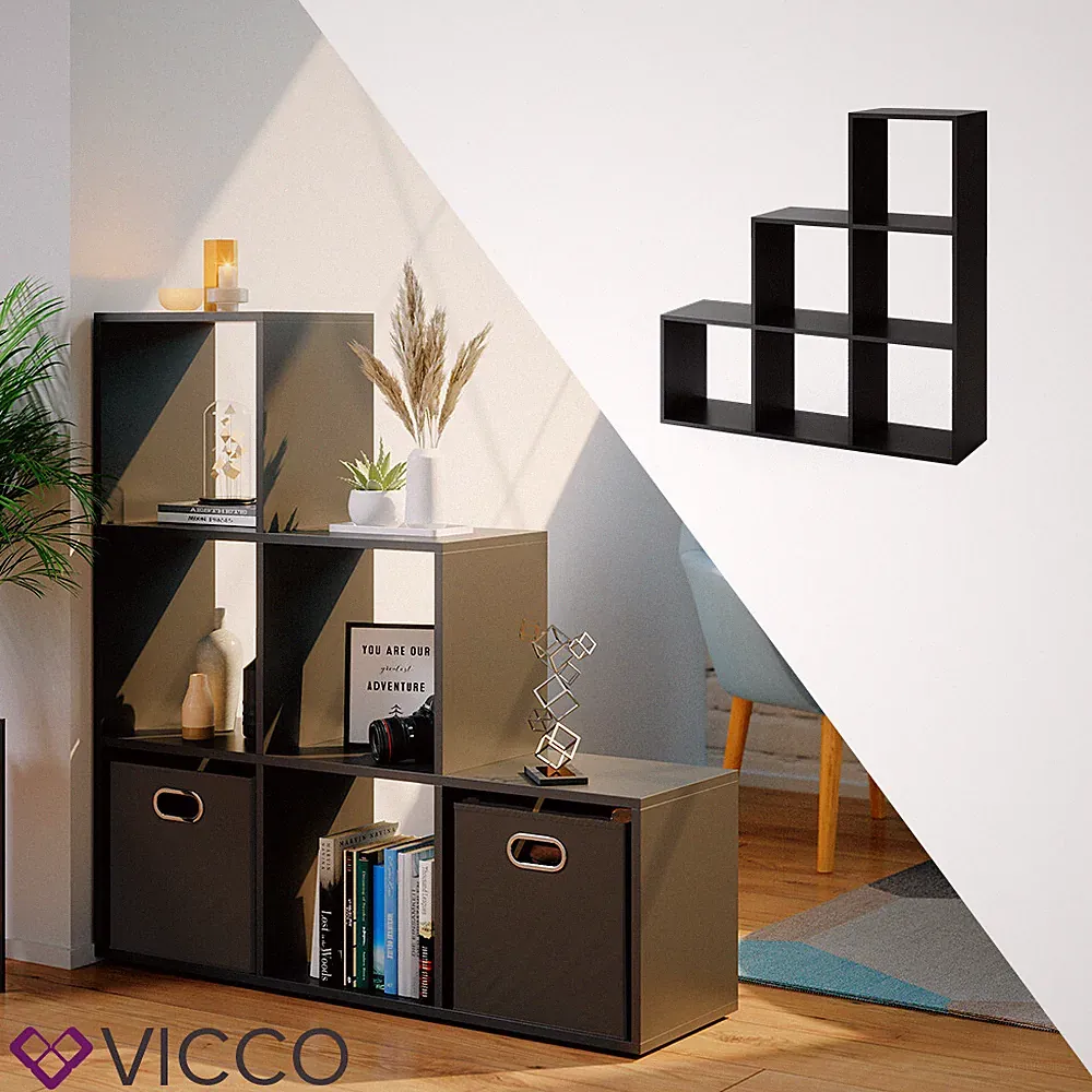 Treppenregal Raumteiler Stufenregal Bücherregal 6 Fächer Schwarz Vicco