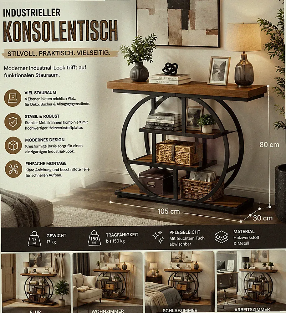Tribesigns Konsolentisch 105x30x80cm 4 Ablagen Flurtisch Metall Holzoptik Neu