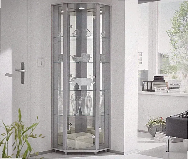 TRIO Sammlervitrine Eckvitrine mit Spiegel und Beleuchtung Glasvitrine Vitrine