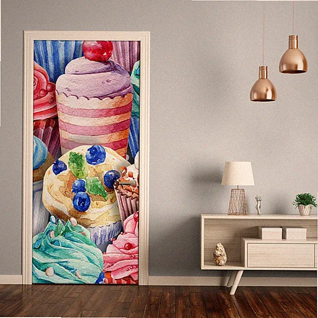 Türaufkleber selbstklebend Türtapete Türfolie Lebensmittel Bunte Muffins