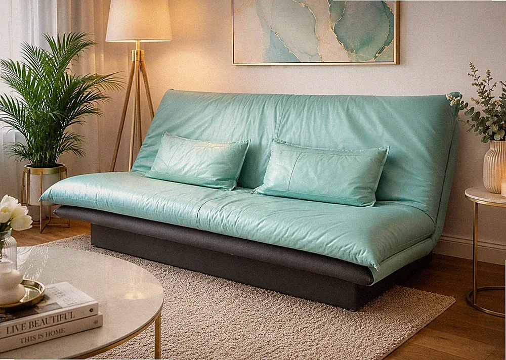 Türkis Echtleder Schlafsofa 2-Sitzer mit Bettkasten, Kissen, 140x144x90