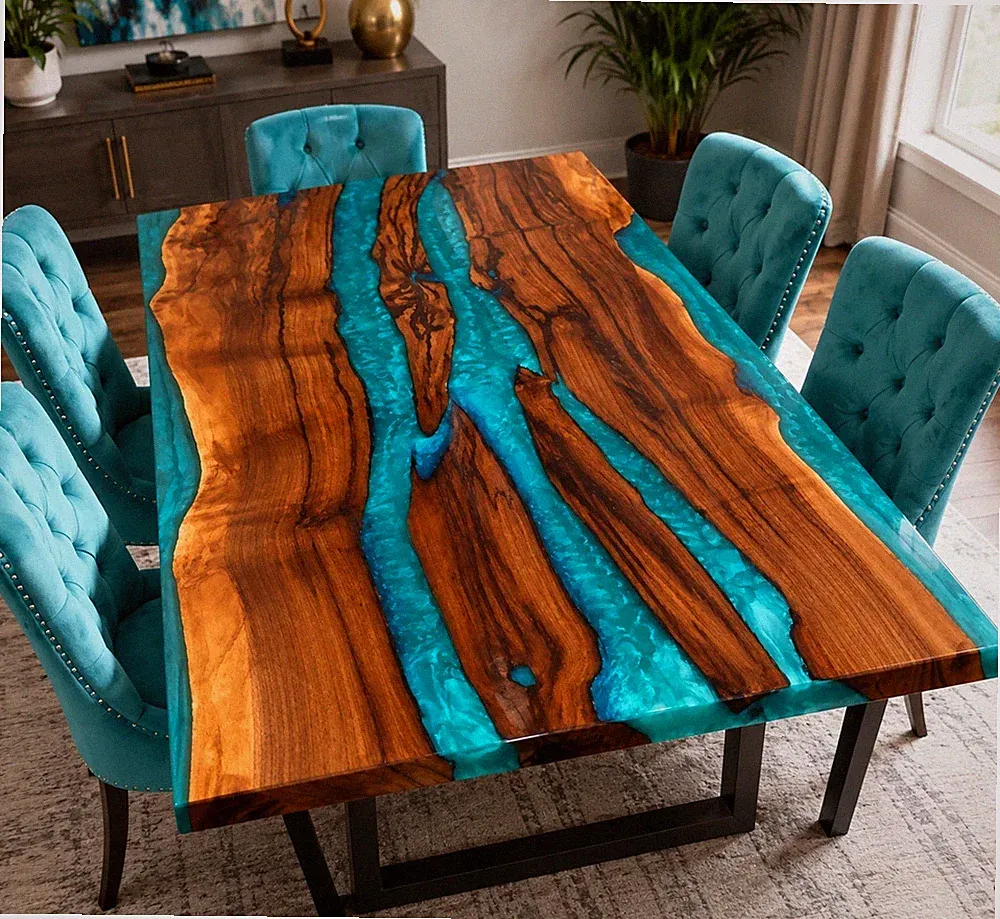 Türkis Epoxid River Esstischplatte Luxus Holz Handarbeit Harz Tisch