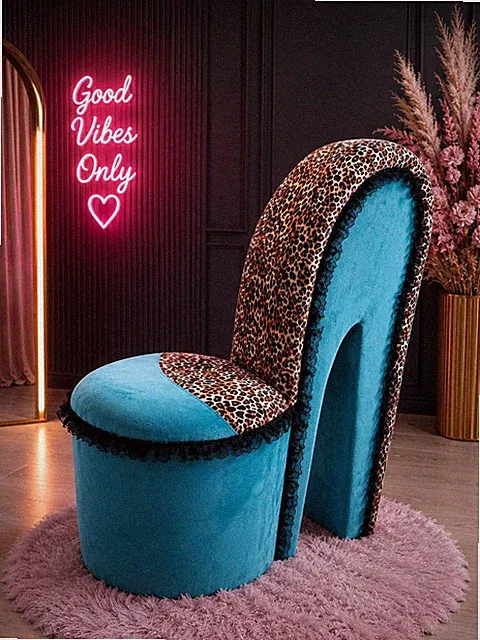 Türkis & Leopardenmuster High Heel Schuh Stuhl mit schwarzem Spitzenbesatz | Luxus Stiletto
