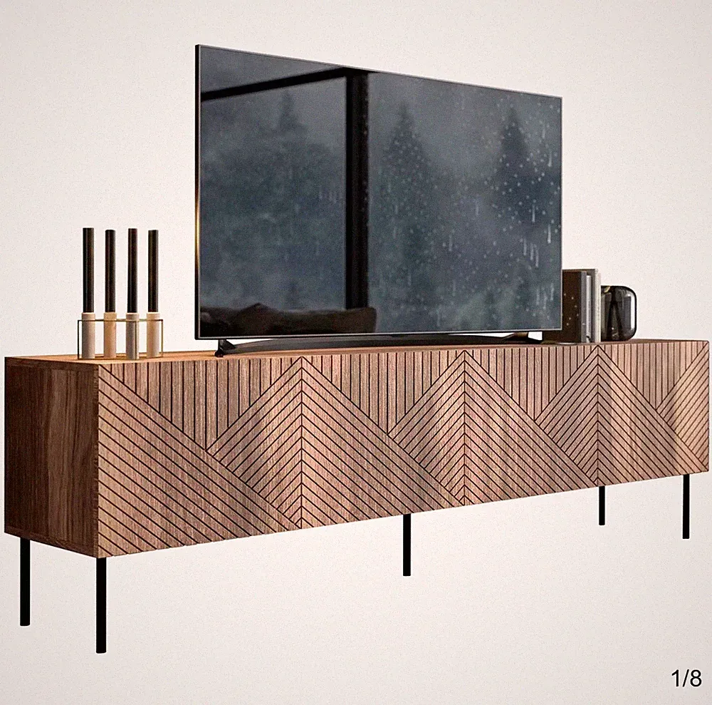 TV-Lowboard 191 cm Braun/Schwarz Chevron-Front 4 Türen Metallfüße