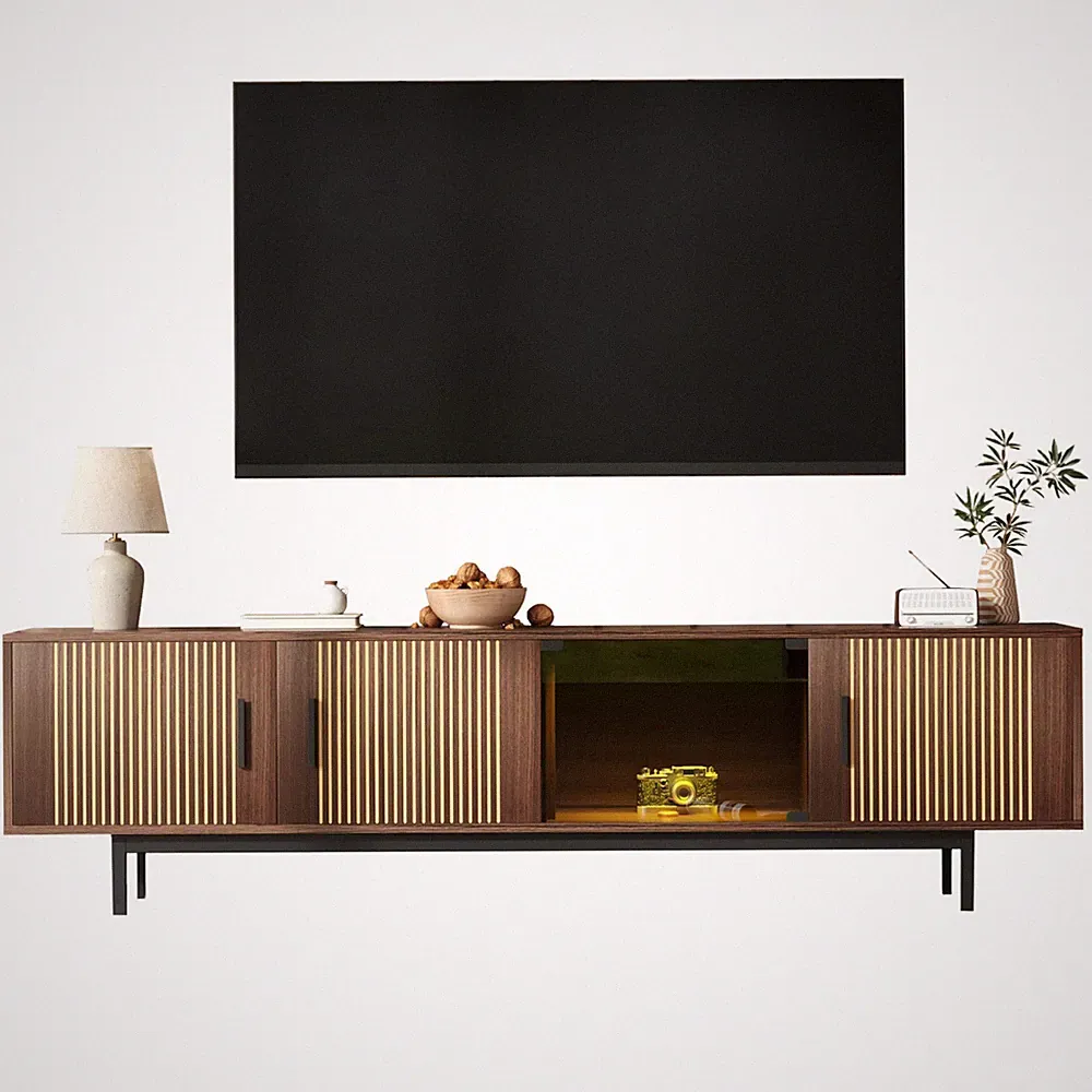 TV Lowboard 200cm Modern TV Schrank mit Glastür LED Beleuchtung Fernsehtisch