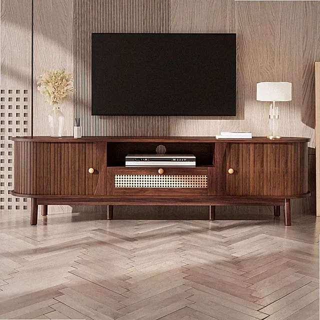 TV Lowboard Rattan Landhaus TV Schrank mit Türen Schubladen Wohnzimmer Sideboard