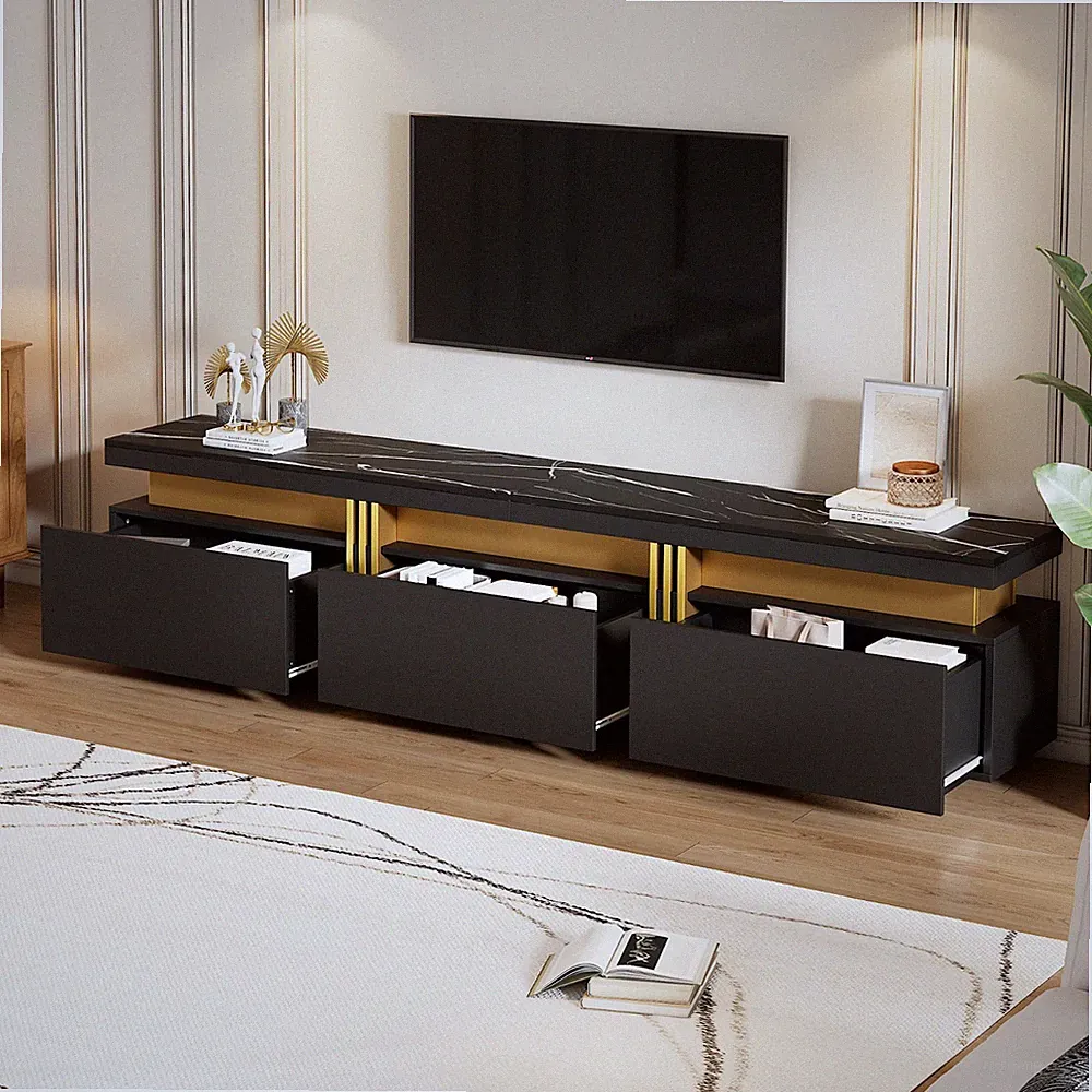 TV Lowboard TV Schrank Schwarz Marmoroptik Fernsehschrank 200cm mit 3 Schubladen