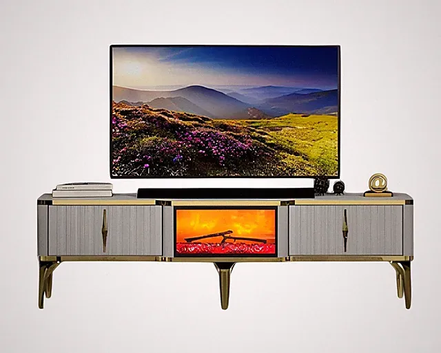 TV Lowboard Wohnzimmerschrank Sideboard mit Dekokamin Minimalistisch Modern