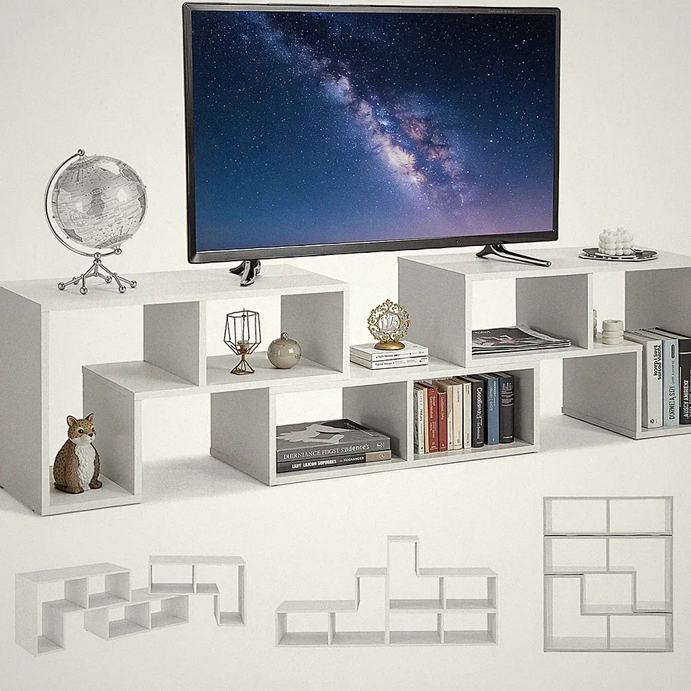 TV-Schrank 2-teilig, freie Kombination, Fernsehtisch mit 6 Staufächer 75 Zoll TV