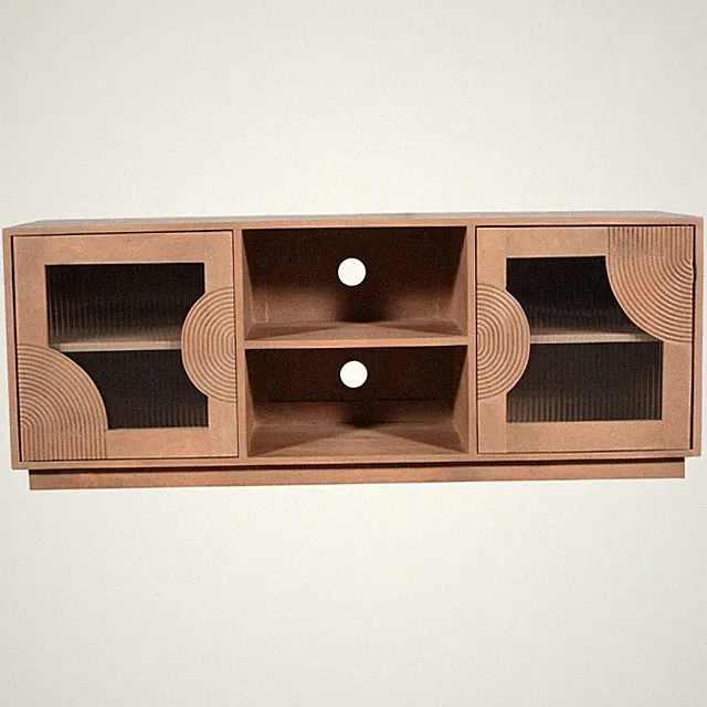 TV-Schrank hell taupe Mangoholz 60 Zoll kompatibel geriffelte Glastüren, 5 Ablagen.