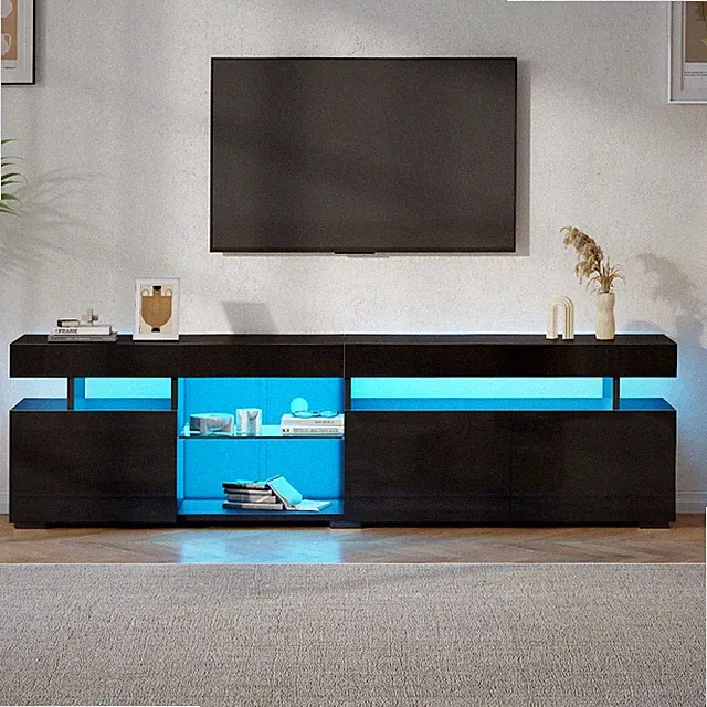 TV Schrank Hochglanz Lowboard Fernsehtisch mit LED-Beleuchtung Glasböden 180cm