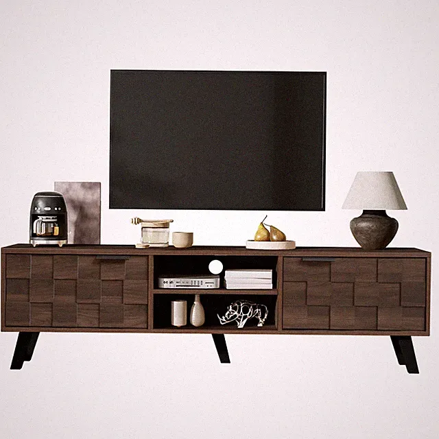 TV-Schrank Lowboard Fernsehschrank mit 2 Tür 2 offenen Fächern dunkelholz 160cm