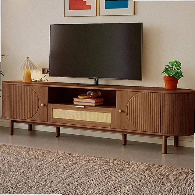 TV-Schrank Lowboard Fernsehschrank mit Rattan Schubladen offenen Fächern Walnut