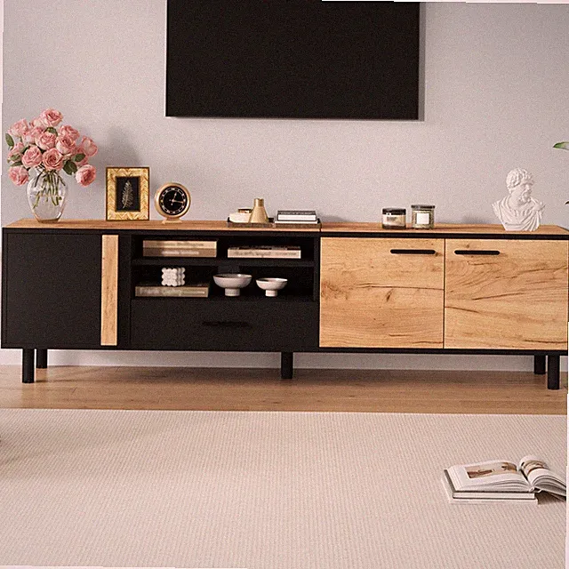 TV Schrank Lowboard Möbel Fernsehtisch mit 3 türen Schublade Holz+Schwarz 180cm