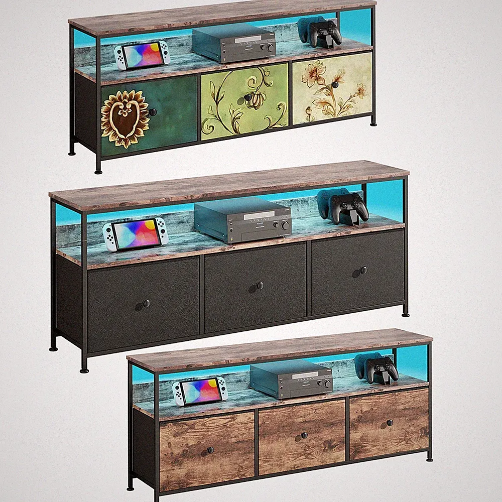 TV Schrank mit LED Kommode mit 3 Schubladen aus Stoff,Sideboard Wohnzimmer Möbel