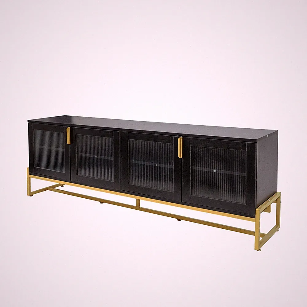 TV-Schrank TV-Lowboard TV-Möbel mit Glastüren Wohnzimmer Schwarz-goldenes