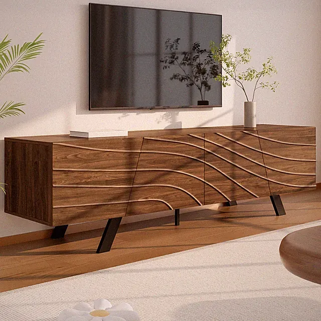 TV-Schrank TV-Möbel Ständer Lowboard mit Wellenfront 4 Türen Holzoptik Große Sta