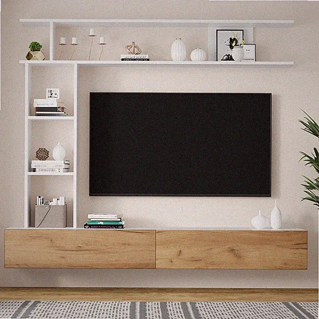 TV Schrank Wohnwand Anbauwand Wohnkombi Wohnzimmer Schrankwand mit Vitrine Holz