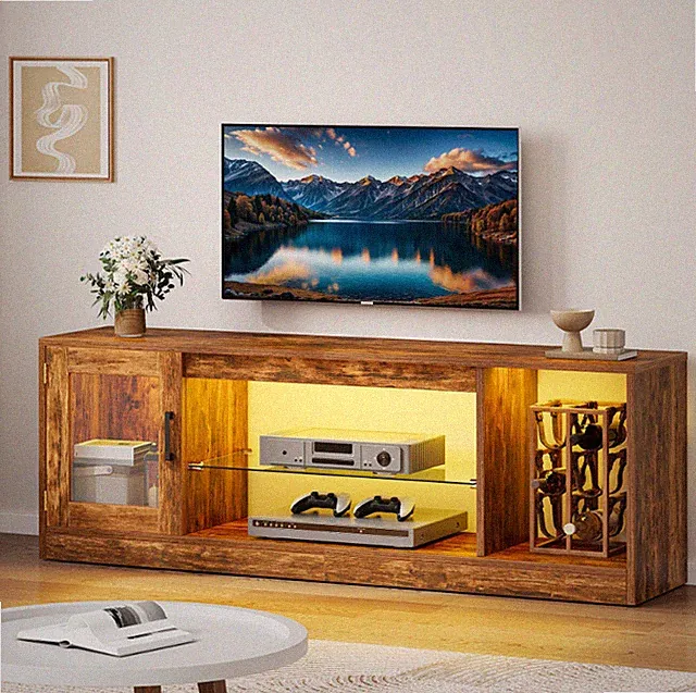 TV-Ständer mit verstellbaren LED-Leuchten, Glasablage & Tür, Medienkonsole, braun