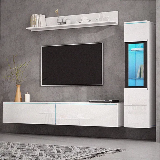 TV Wohnwand set 3er mit Vitrine Schrankwand TV-Schrank LED Beleuchtung Hochglanz
