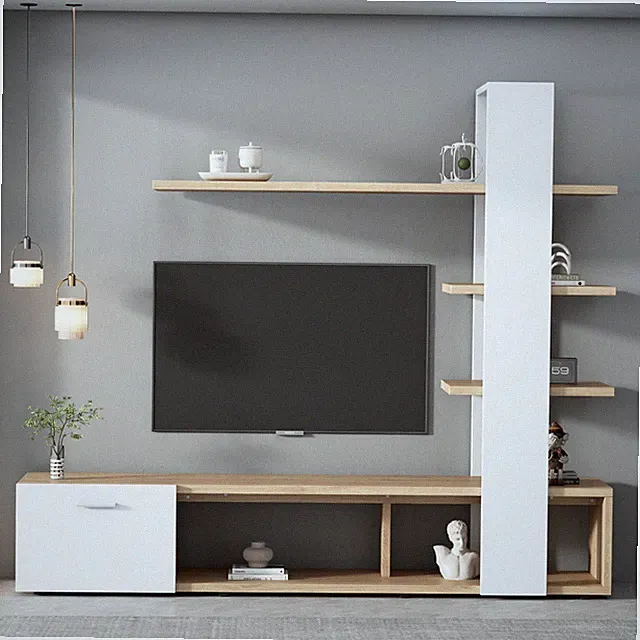 TV Wohnwand Set TV Schrank Schrankwand mit Vitrine offenen fächern Lowboard Eich