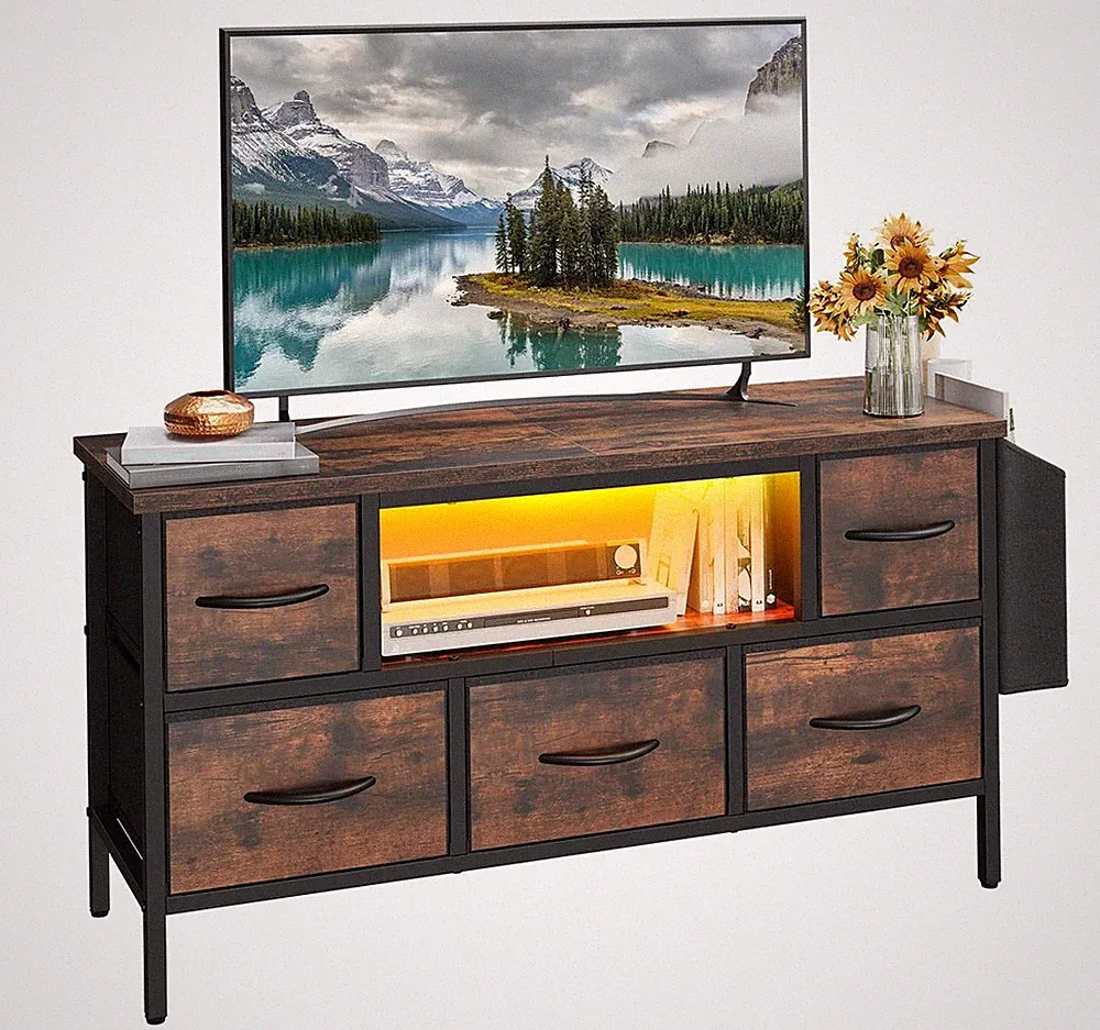 TVSchrank, TVStänder für Wohnzimmer mit 5 faltbaren Schubladen und Regalen, T...