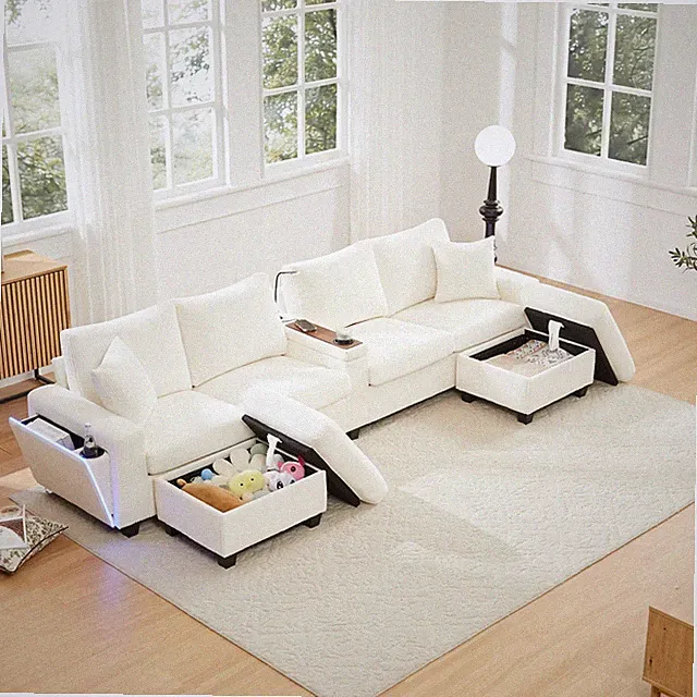 U-förm Sofa mit 2 Hockern,Klappablage, LED,Getränkehalter 4 Sitzer Sofa Couch